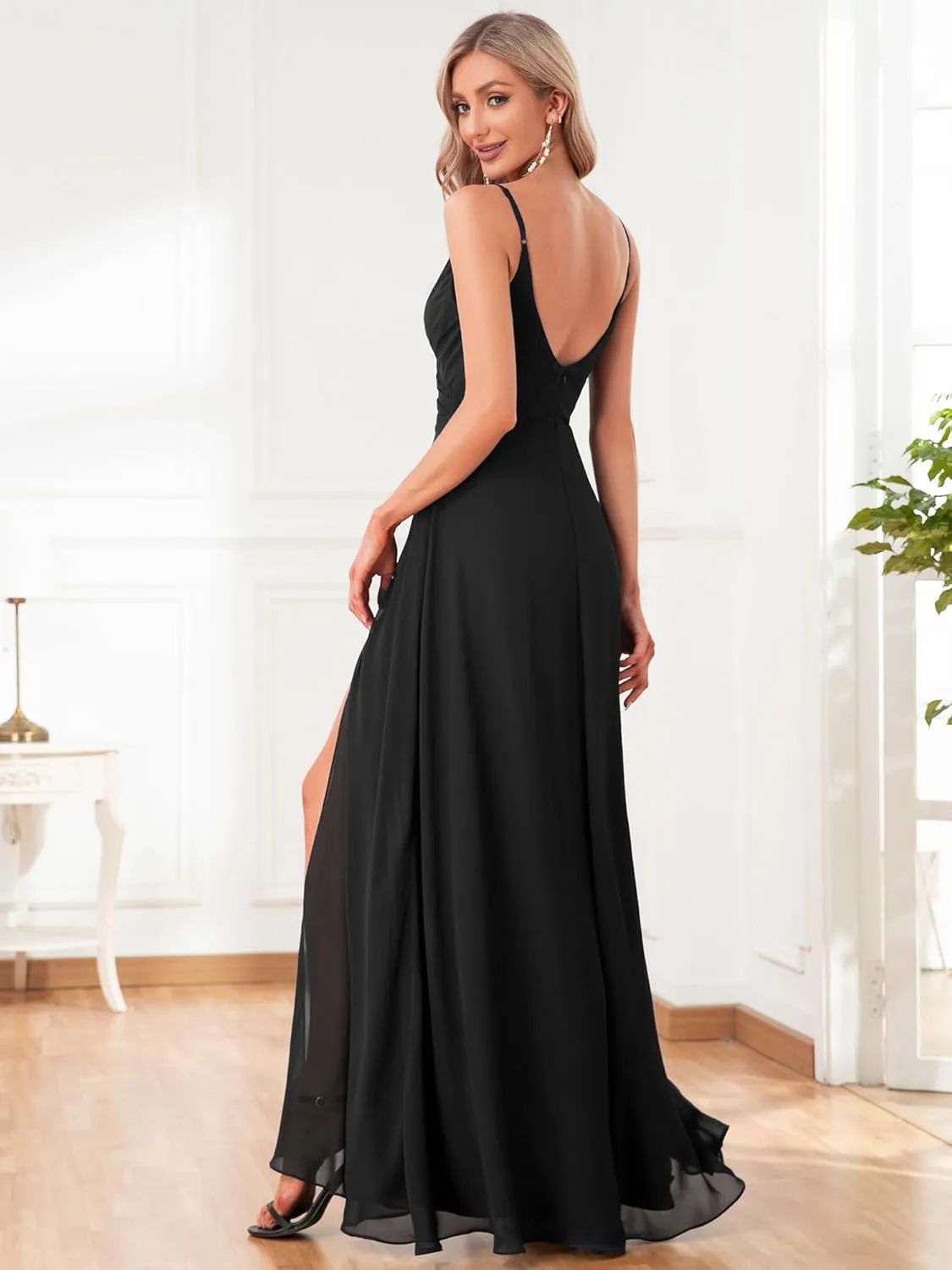 Ever-Pretty Women's Sexy Spaghetti Straps Chiffon Ruched V-Neck Slit Floor-Length Formal Dress