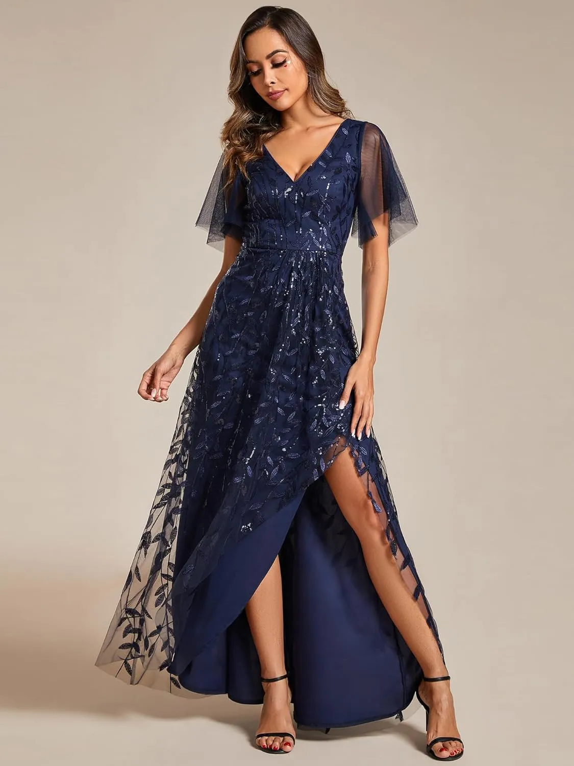 Ever-Pretty Women's Shimmery Formal Dress V Neck Sequins A-Line Side Slit Elegant Long Evening Dresses 02083