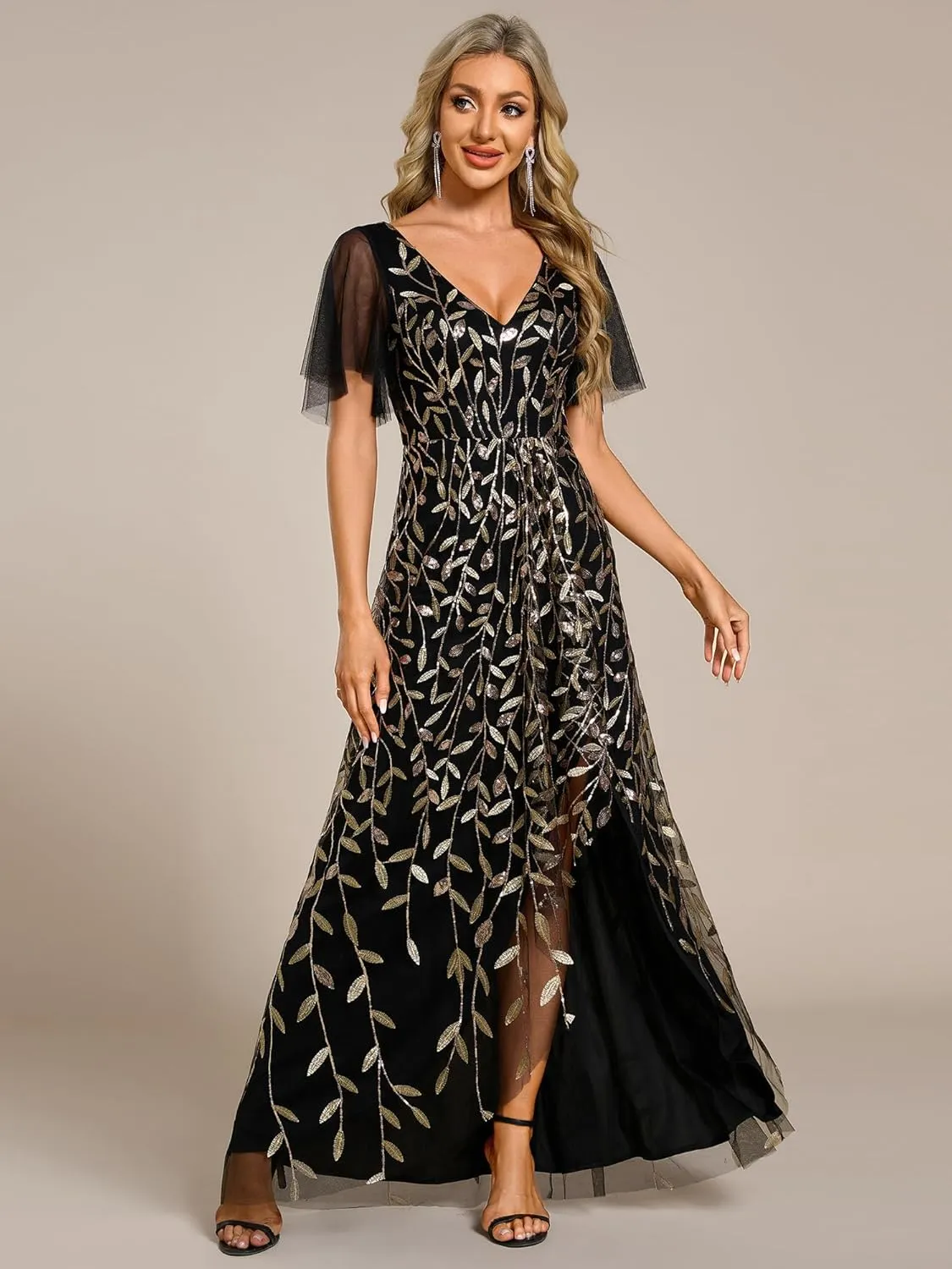 Ever-Pretty Women's Shimmery Formal Dress V Neck Sequins A-Line Side Slit Elegant Long Evening Dresses 02083