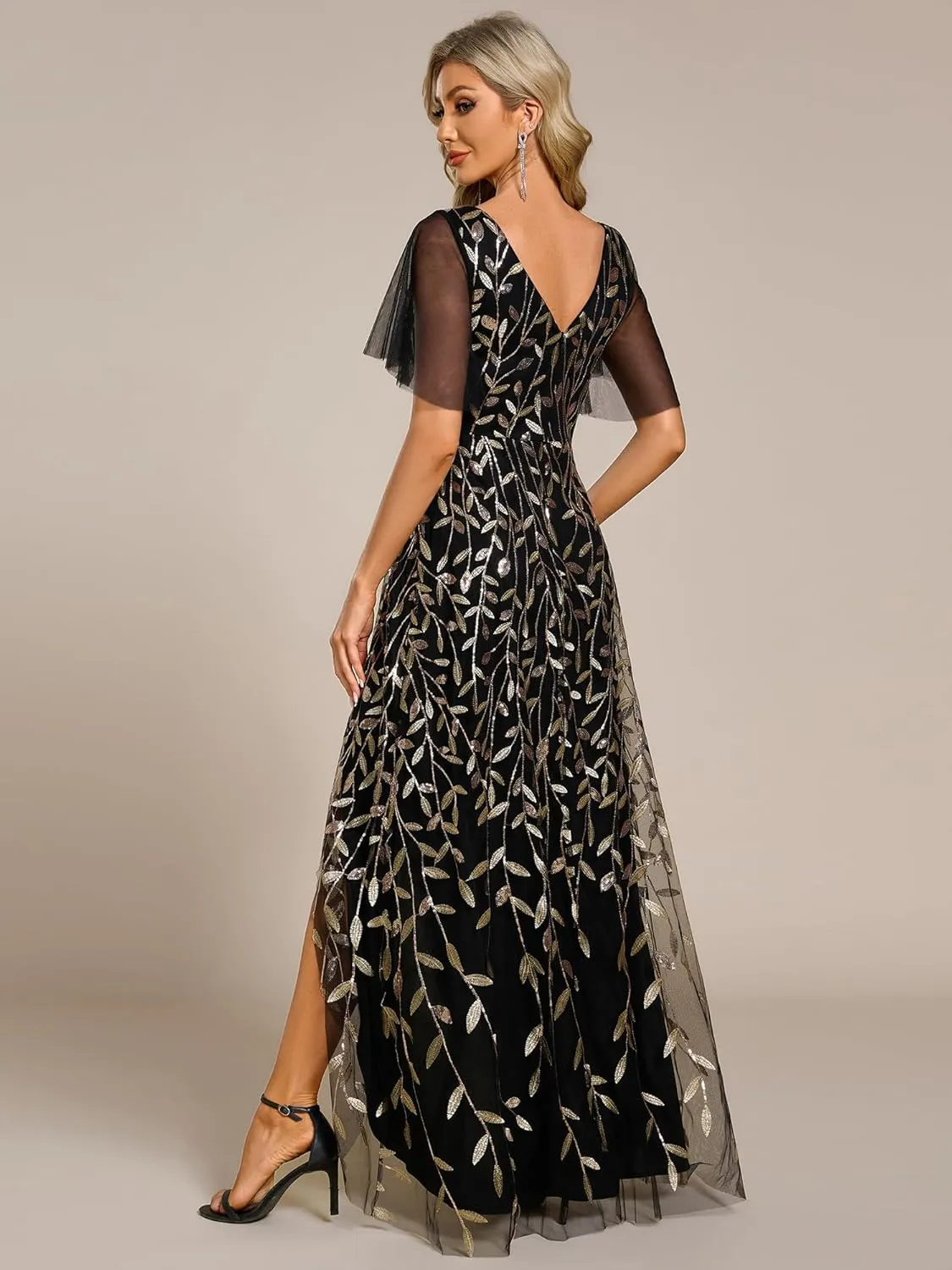 Ever-Pretty Women's Shimmery Formal Dress V Neck Sequins A-Line Side Slit Elegant Long Evening Dresses 02083