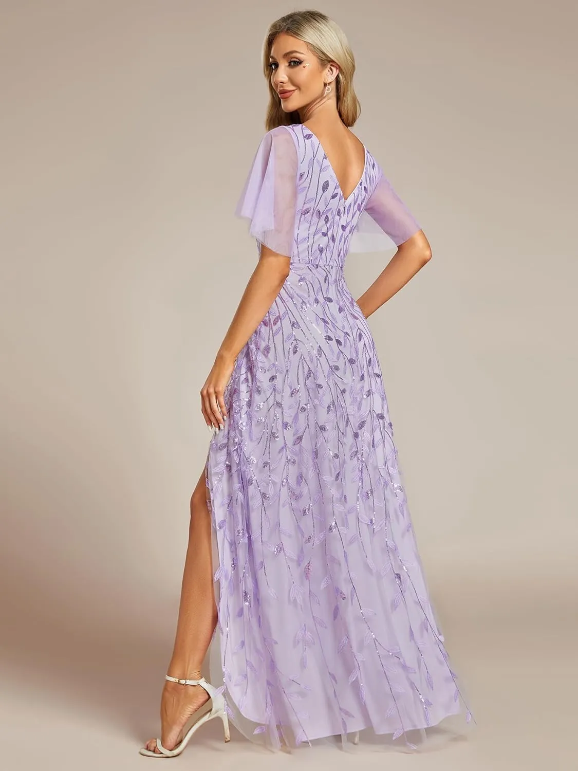 Ever-Pretty Women's Shimmery Formal Dress V Neck Sequins A-Line Side Slit Elegant Long Evening Dresses 02083