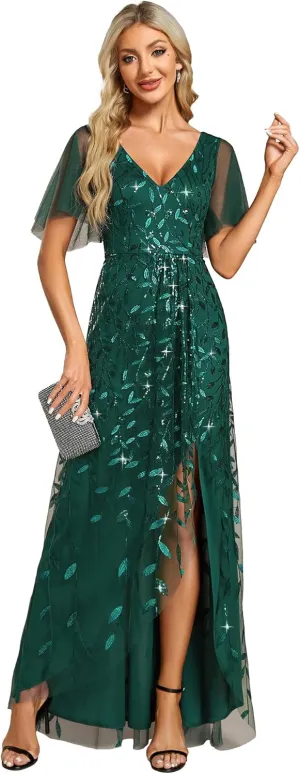 Ever-Pretty Women's Shimmery Formal Dress V Neck Sequins A-Line Side Slit Elegant Long Evening Dresses 02083