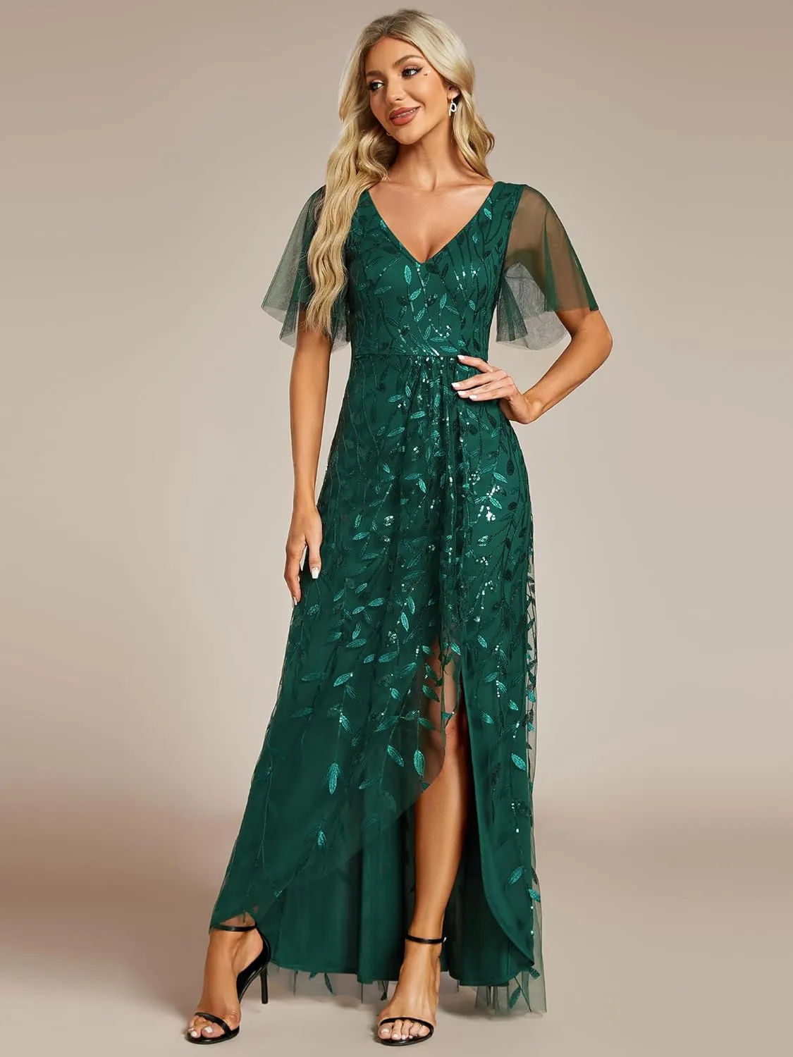 Ever-Pretty Women's Shimmery Formal Dress V Neck Sequins A-Line Side Slit Elegant Long Evening Dresses 02083