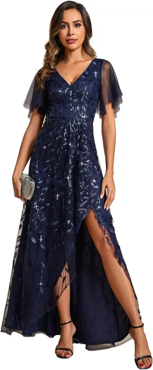 Ever-Pretty Women's Shimmery Formal Dress V Neck Sequins A-Line Side Slit Elegant Long Evening Dresses 02083