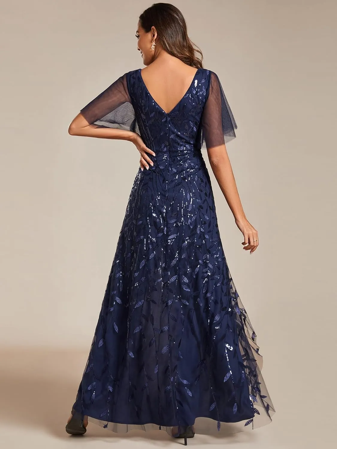 Ever-Pretty Women's Shimmery Formal Dress V Neck Sequins A-Line Side Slit Elegant Long Evening Dresses 02083