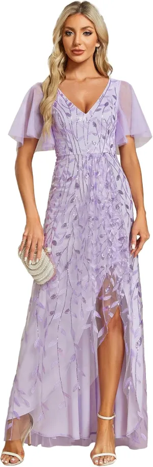 Ever-Pretty Women's Shimmery Formal Dress V Neck Sequins A-Line Side Slit Elegant Long Evening Dresses 02083
