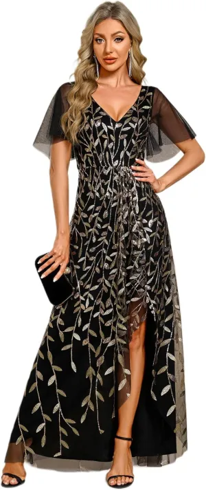 Ever-Pretty Women's Shimmery Formal Dress V Neck Sequins A-Line Side Slit Elegant Long Evening Dresses 02083