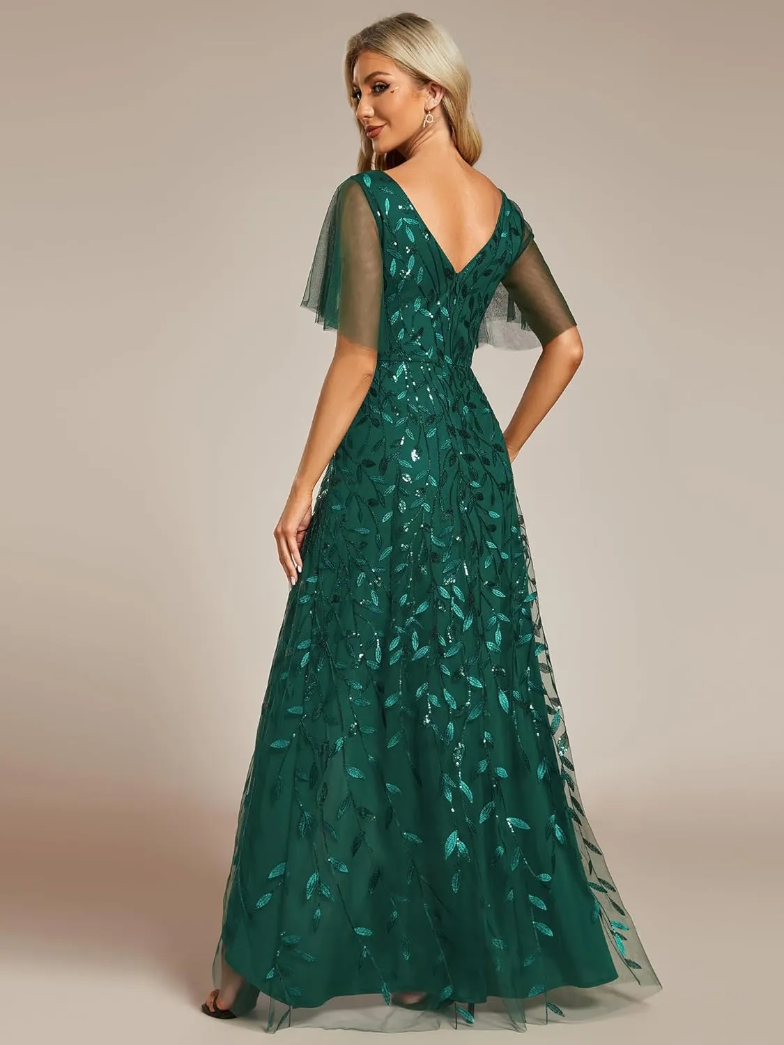 Ever-Pretty Women's Shimmery Formal Dress V Neck Sequins A-Line Side Slit Elegant Long Evening Dresses 02083
