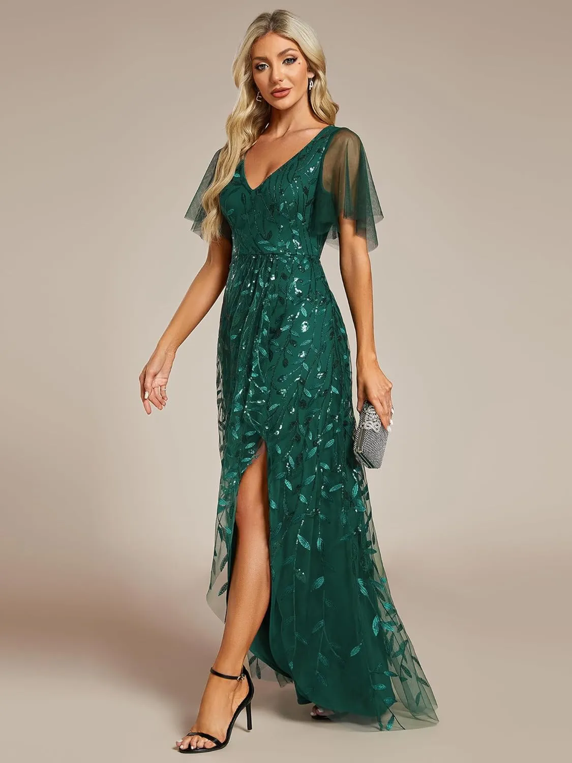 Ever-Pretty Women's Shimmery Formal Dress V Neck Sequins A-Line Side Slit Elegant Long Evening Dresses 02083