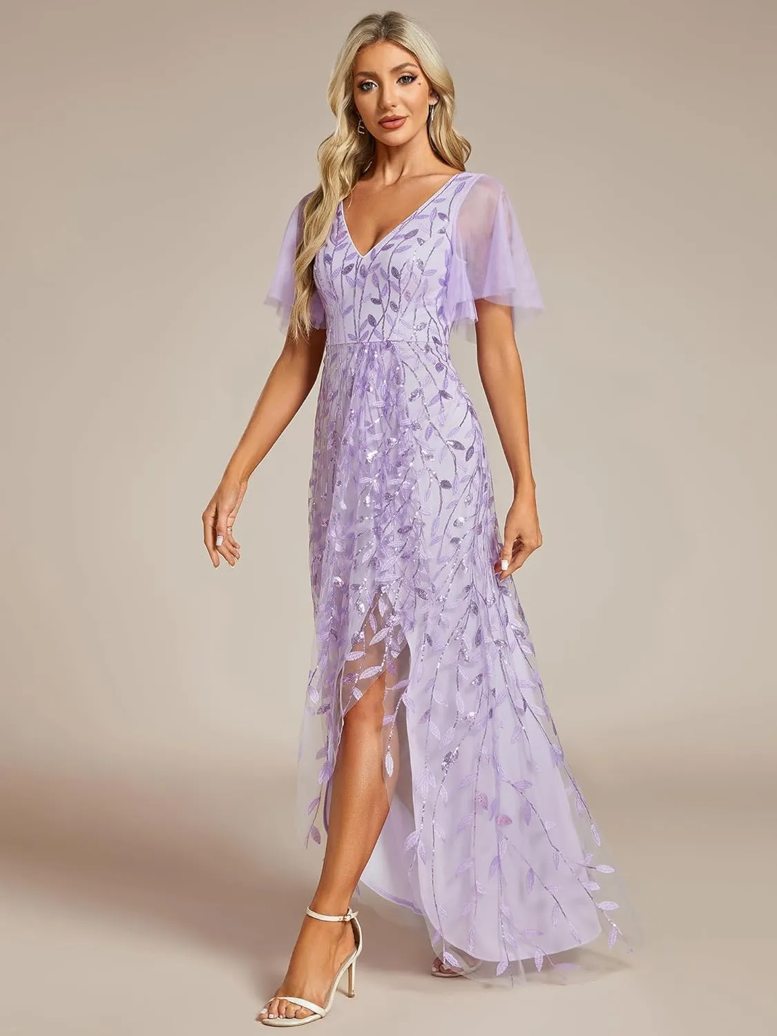 Ever-Pretty Women's Shimmery Formal Dress V Neck Sequins A-Line Side Slit Elegant Long Evening Dresses 02083