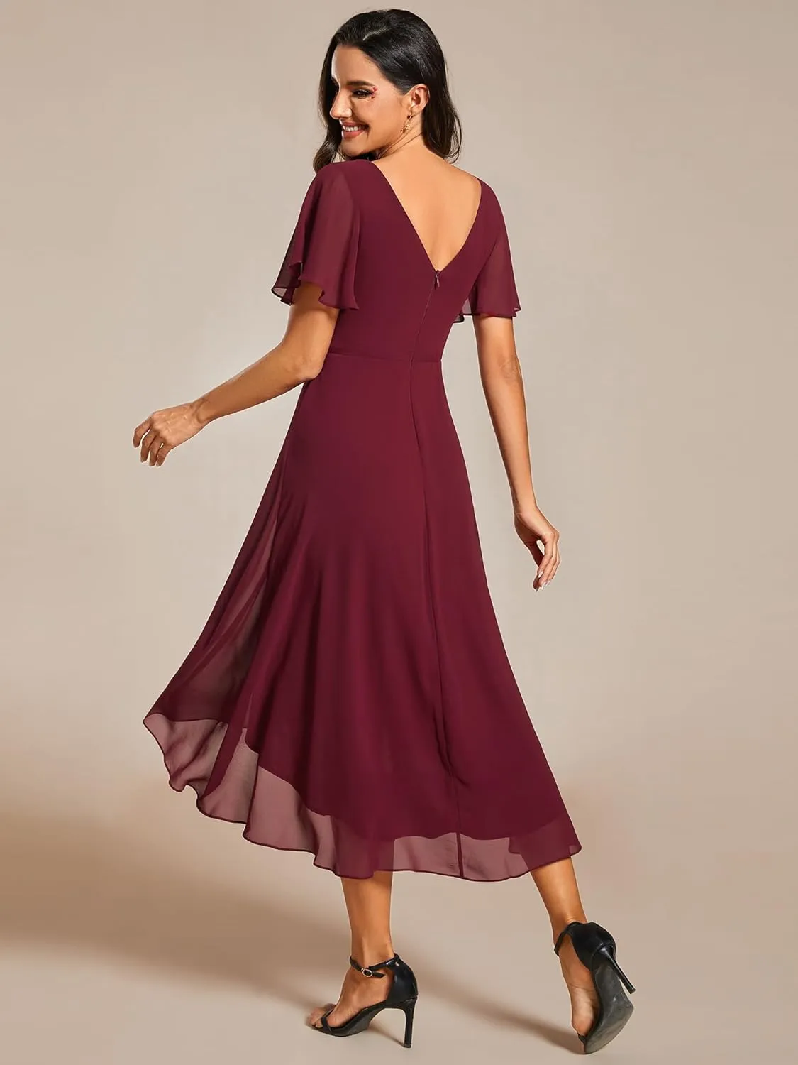 Ever-Pretty Women's Summer Chiffon Pleated V-Neck Short Wedding Guest Dress with Ruffled Sleeves 01923
