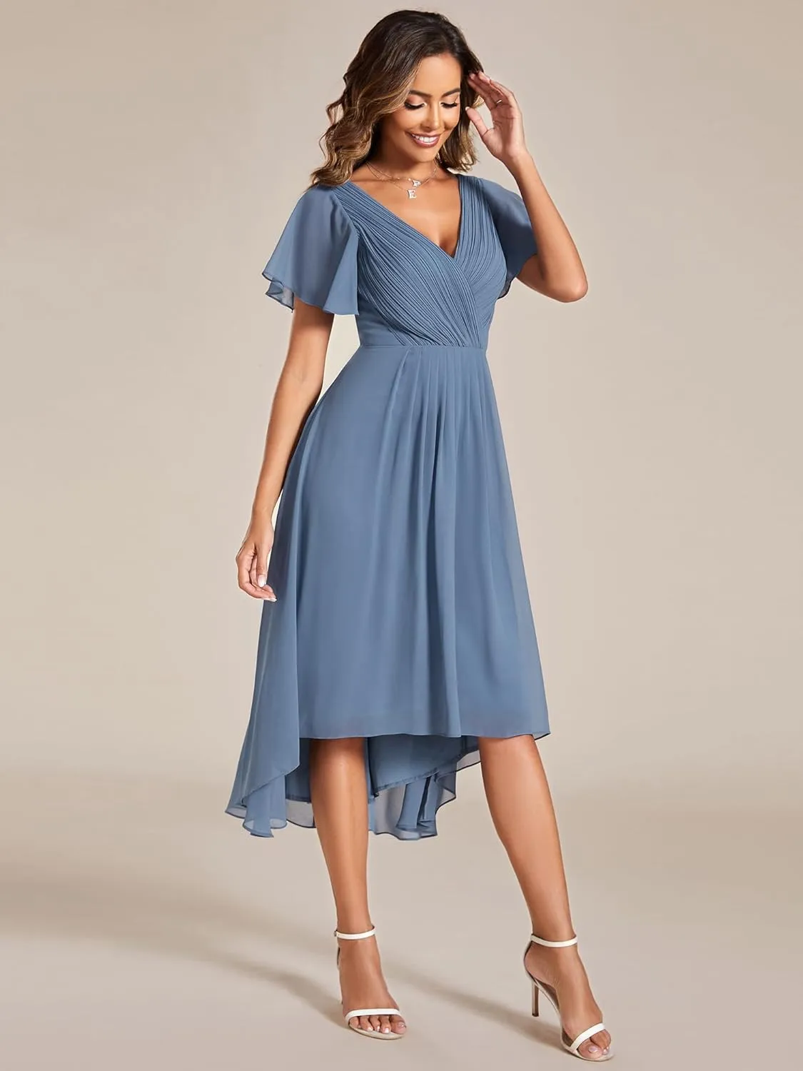Ever-Pretty Women's Summer Chiffon Pleated V-Neck Short Wedding Guest Dress with Ruffled Sleeves 01923