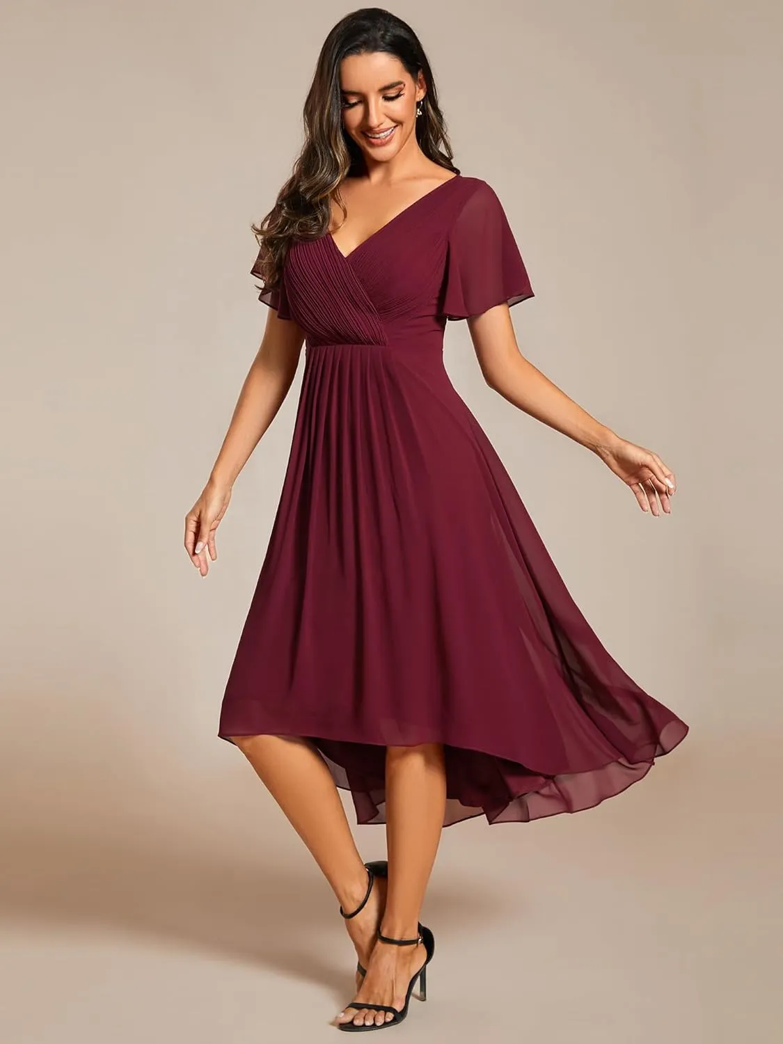 Ever-Pretty Women's Summer Chiffon Pleated V-Neck Short Wedding Guest Dress with Ruffled Sleeves 01923