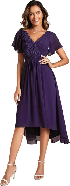 Ever-Pretty Women's Summer Chiffon Pleated V-Neck Short Wedding Guest Dress with Ruffled Sleeves 01923