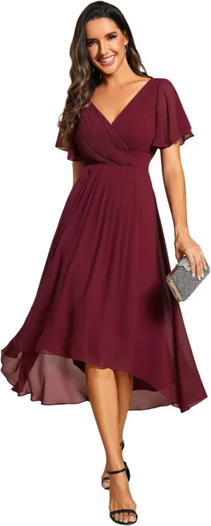 Ever-Pretty Women's Summer Chiffon Pleated V-Neck Short Wedding Guest Dress with Ruffled Sleeves 01923
