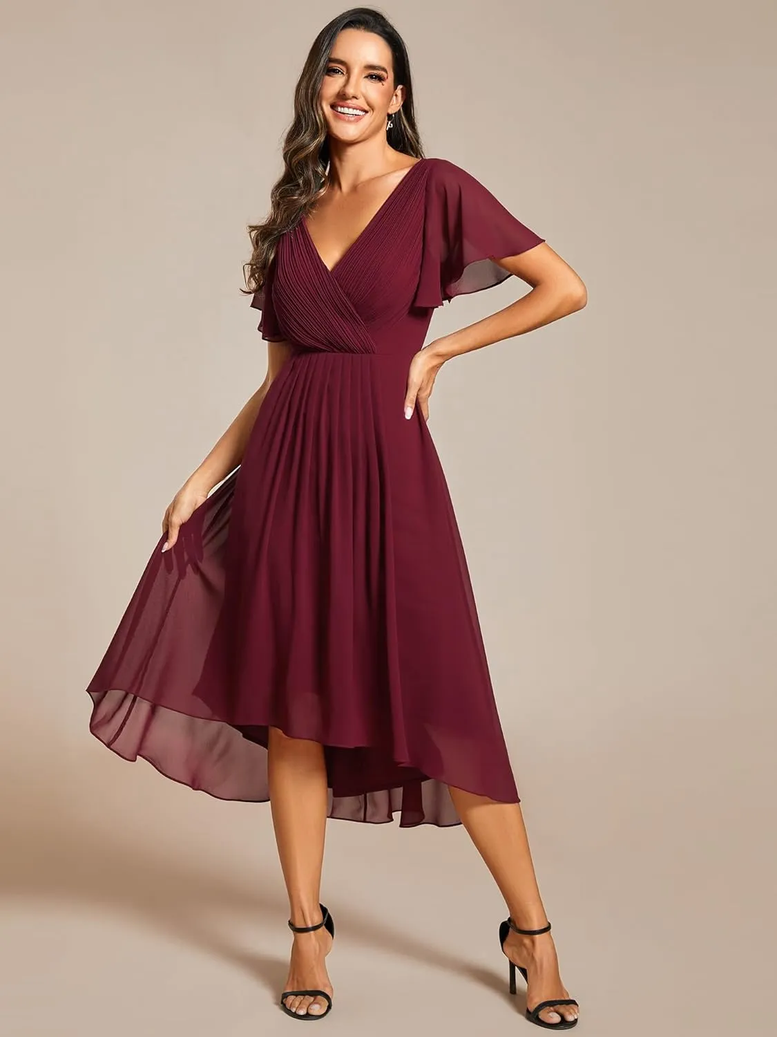 Ever-Pretty Women's Summer Chiffon Pleated V-Neck Short Wedding Guest Dress with Ruffled Sleeves 01923