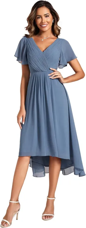Ever-Pretty Women's Summer Chiffon Pleated V-Neck Short Wedding Guest Dress with Ruffled Sleeves 01923
