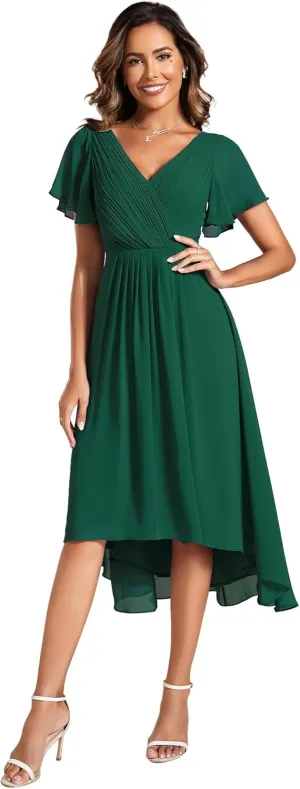 Ever-Pretty Women's Summer Chiffon Pleated V-Neck Short Wedding Guest Dress with Ruffled Sleeves 01923