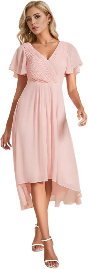 Ever-Pretty Women's Summer Chiffon Pleated V-Neck Short Wedding Guest Dress with Ruffled Sleeves 01923