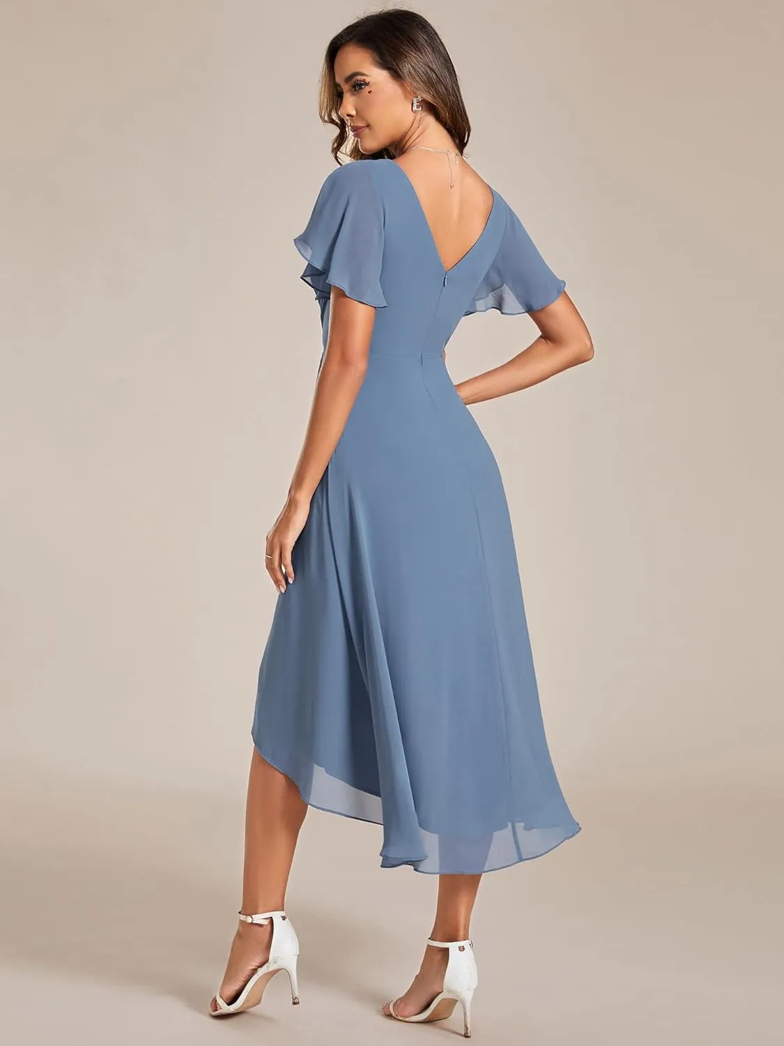 Ever-Pretty Women's Summer Chiffon Pleated V-Neck Short Wedding Guest Dress with Ruffled Sleeves 01923
