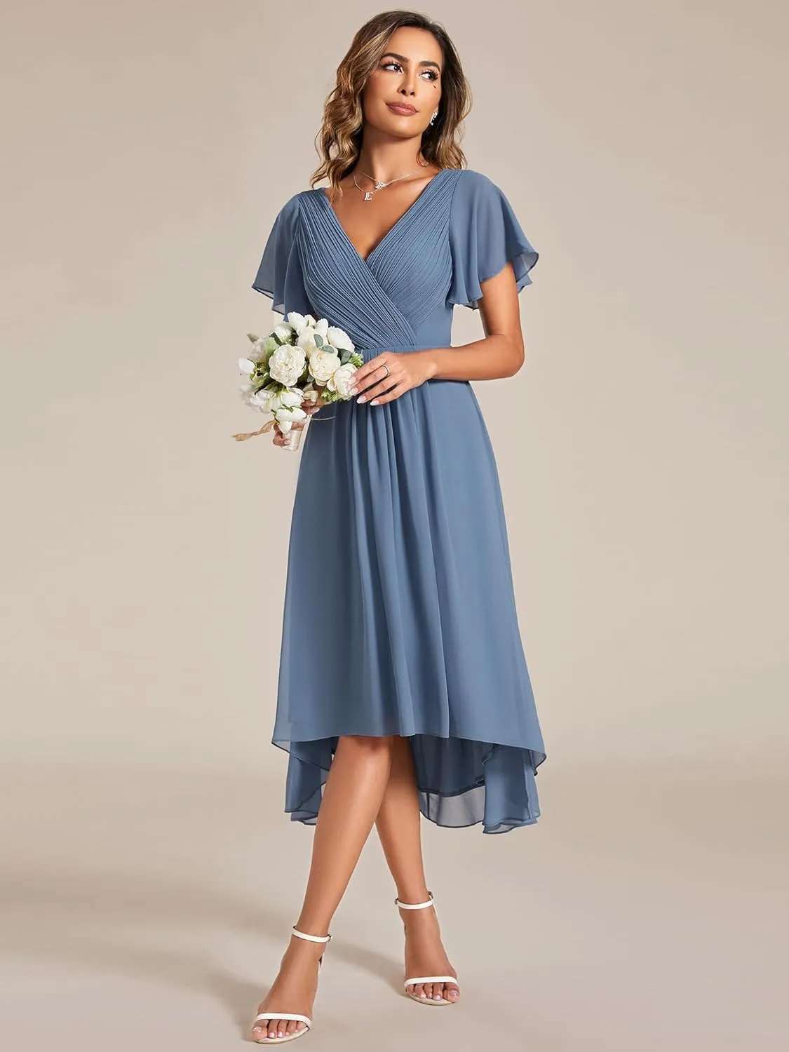 Ever-Pretty Women's Summer Chiffon Pleated V-Neck Short Wedding Guest Dress with Ruffled Sleeves 01923