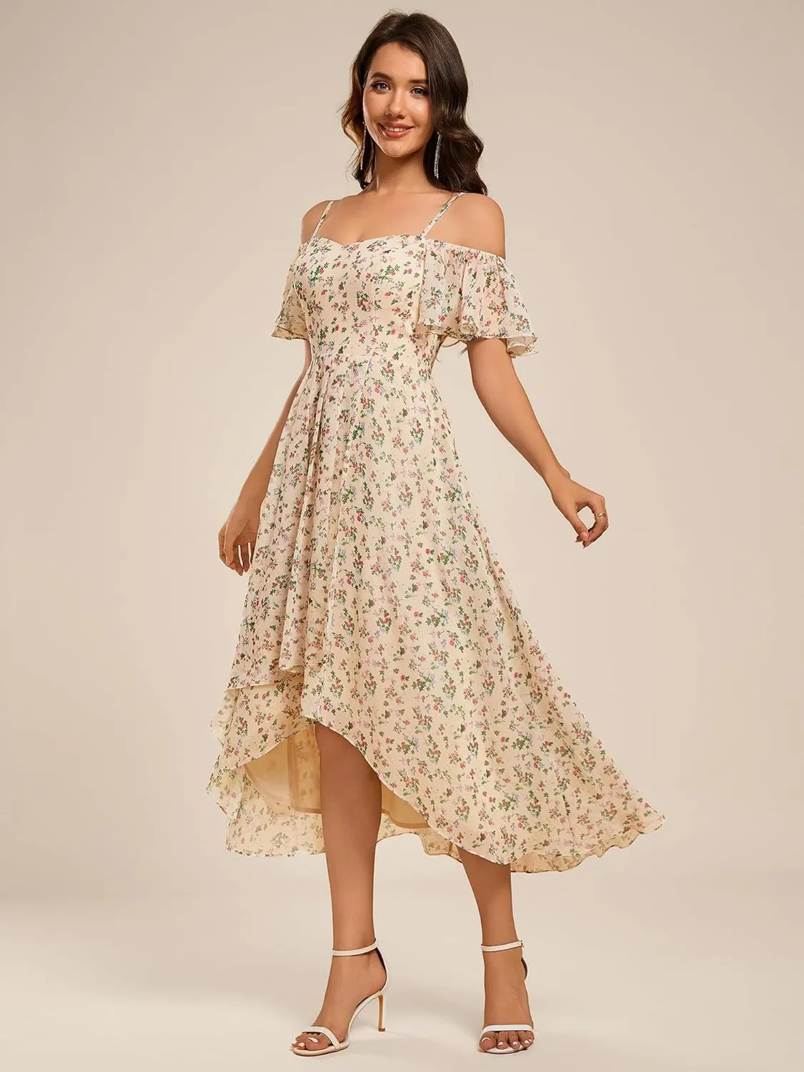 Ever-Pretty Women's Summer Cold Shoulder Hi-Lo Asymmetrical Hem Flowy Chiffon Short Wedding Guest Dress 02103