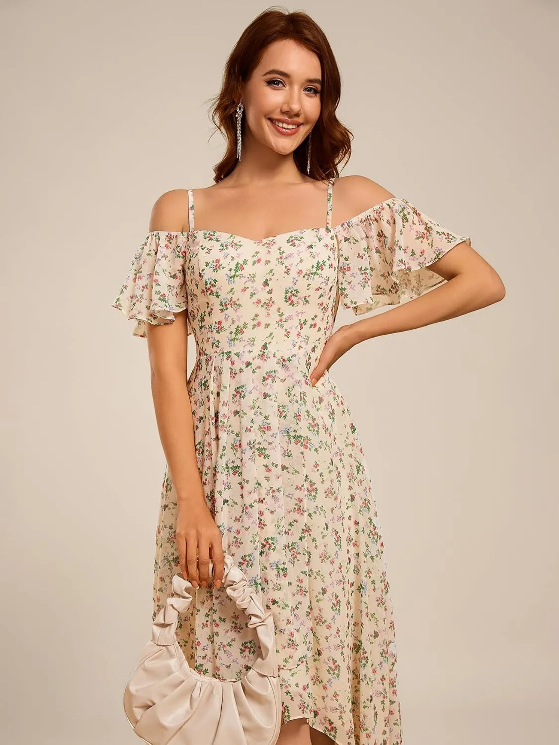 Ever-Pretty Women's Summer Cold Shoulder Hi-Lo Asymmetrical Hem Flowy Chiffon Short Wedding Guest Dress 02103