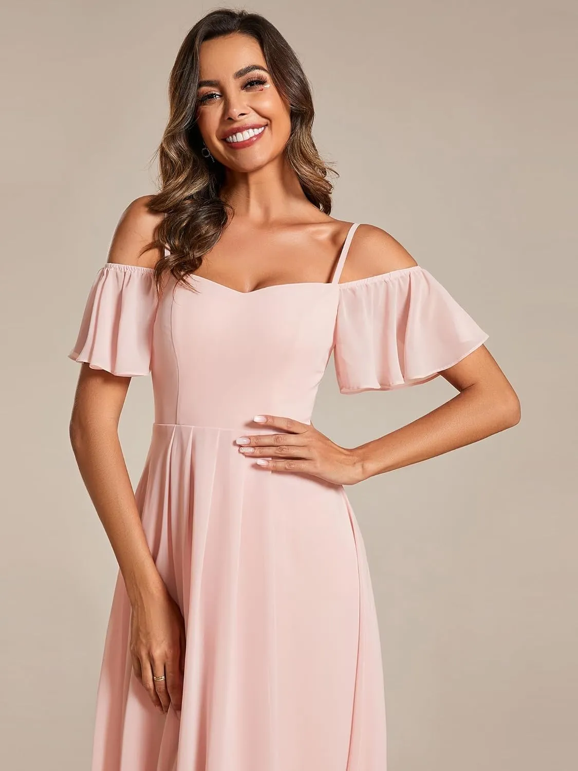 Ever-Pretty Women's Summer Cold Shoulder Hi-Lo Asymmetrical Hem Flowy Chiffon Short Wedding Guest Dress 02103