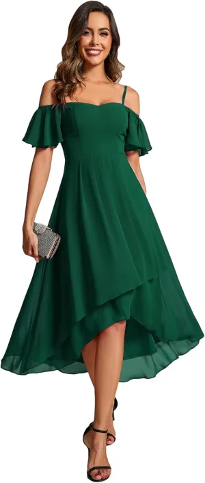 Ever-Pretty Women's Summer Cold Shoulder Hi-Lo Asymmetrical Hem Flowy Chiffon Short Wedding Guest Dress 02103