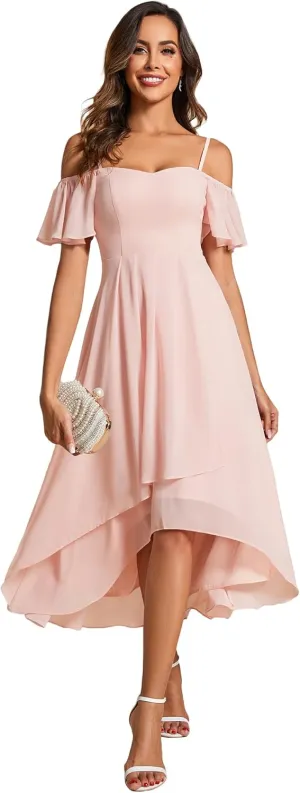 Ever-Pretty Women's Summer Cold Shoulder Hi-Lo Asymmetrical Hem Flowy Chiffon Short Wedding Guest Dress 02103