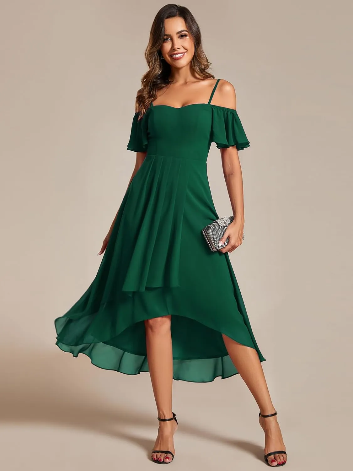 Ever-Pretty Women's Summer Cold Shoulder Hi-Lo Asymmetrical Hem Flowy Chiffon Short Wedding Guest Dress 02103