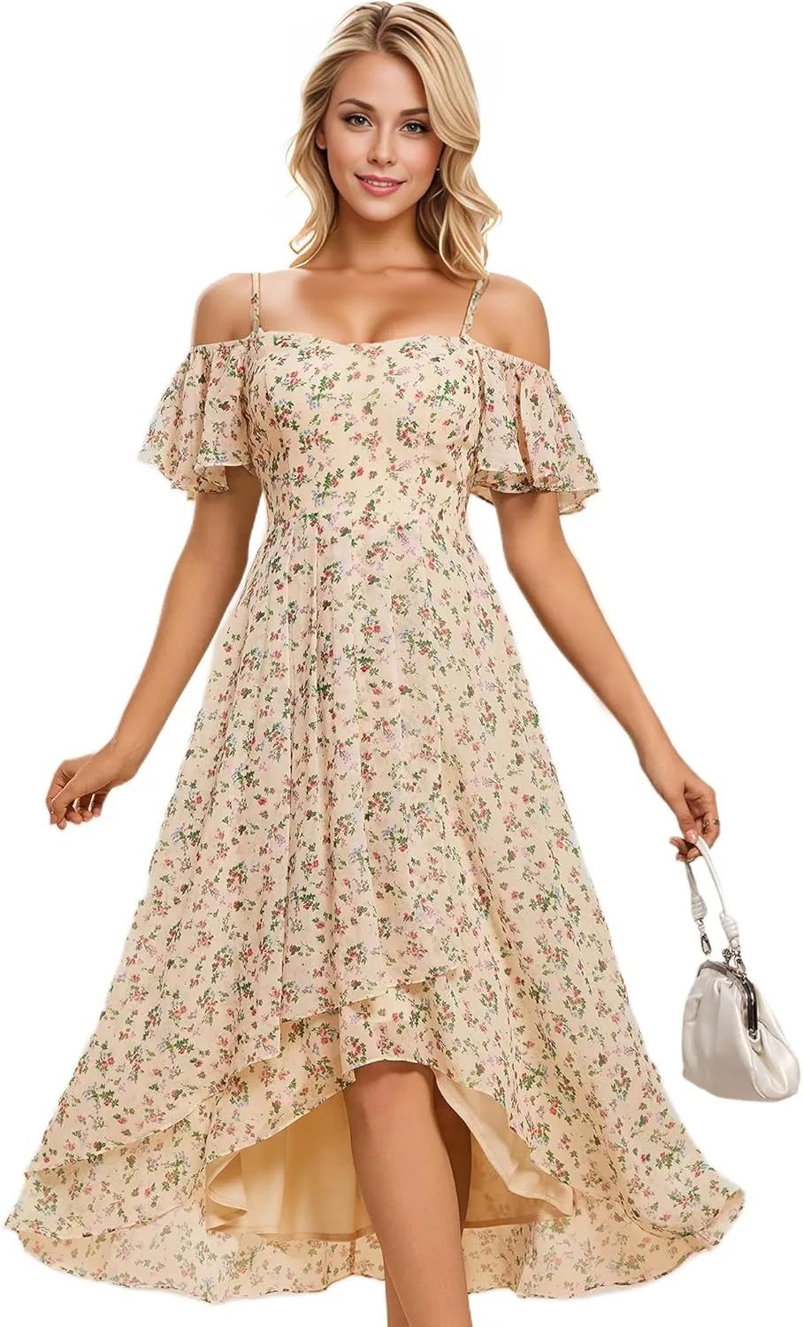 Ever-Pretty Women's Summer Cold Shoulder Hi-Lo Asymmetrical Hem Flowy Chiffon Short Wedding Guest Dress 02103