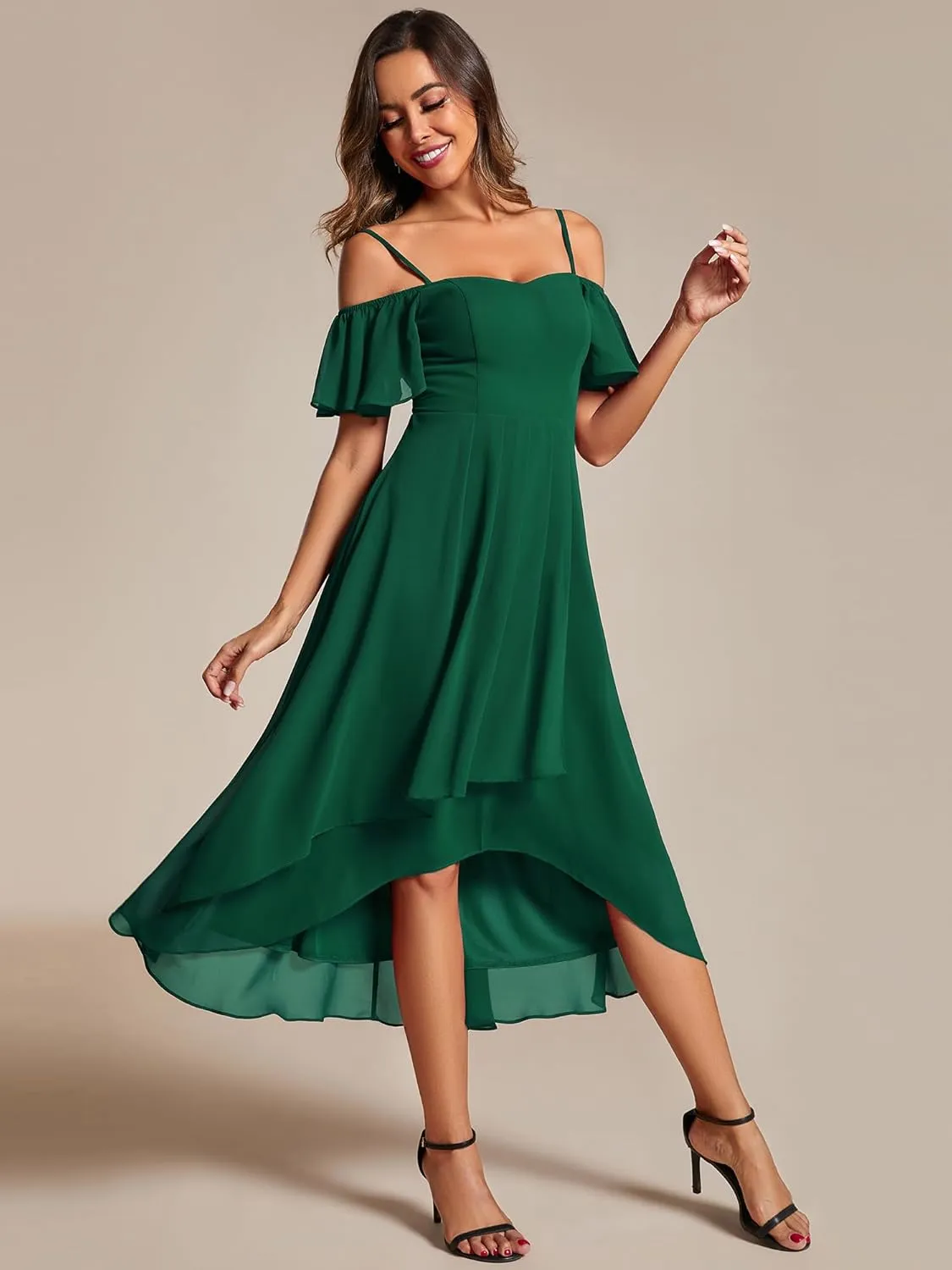 Ever-Pretty Women's Summer Cold Shoulder Hi-Lo Asymmetrical Hem Flowy Chiffon Short Wedding Guest Dress 02103