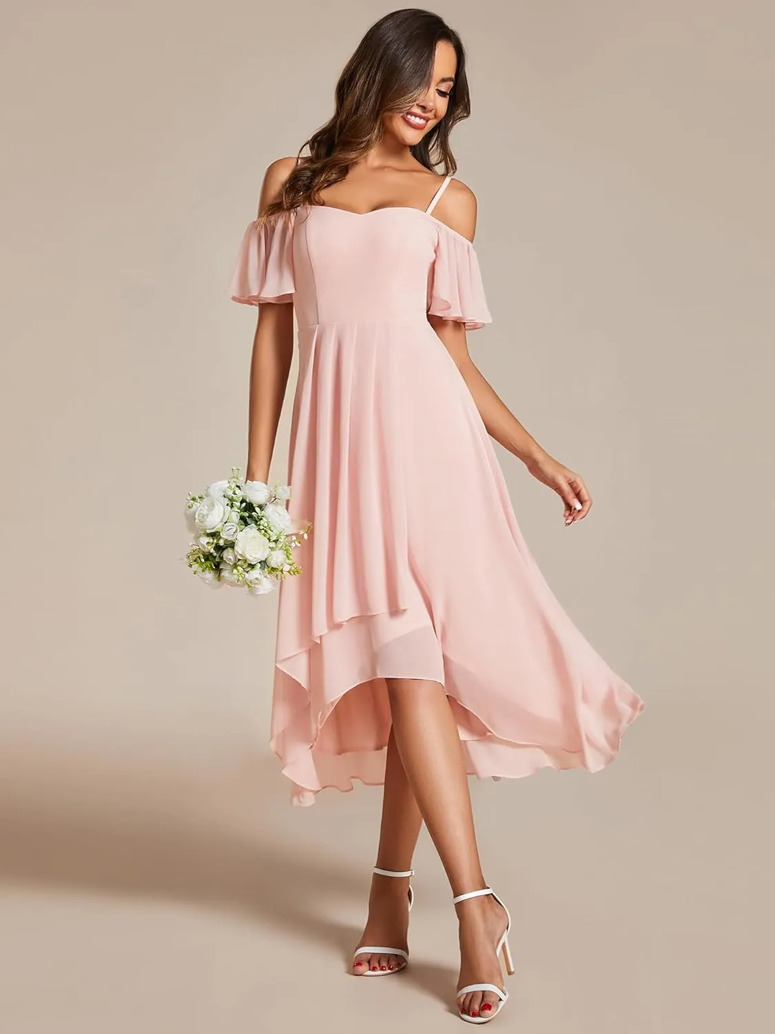 Ever-Pretty Women's Summer Cold Shoulder Hi-Lo Asymmetrical Hem Flowy Chiffon Short Wedding Guest Dress 02103