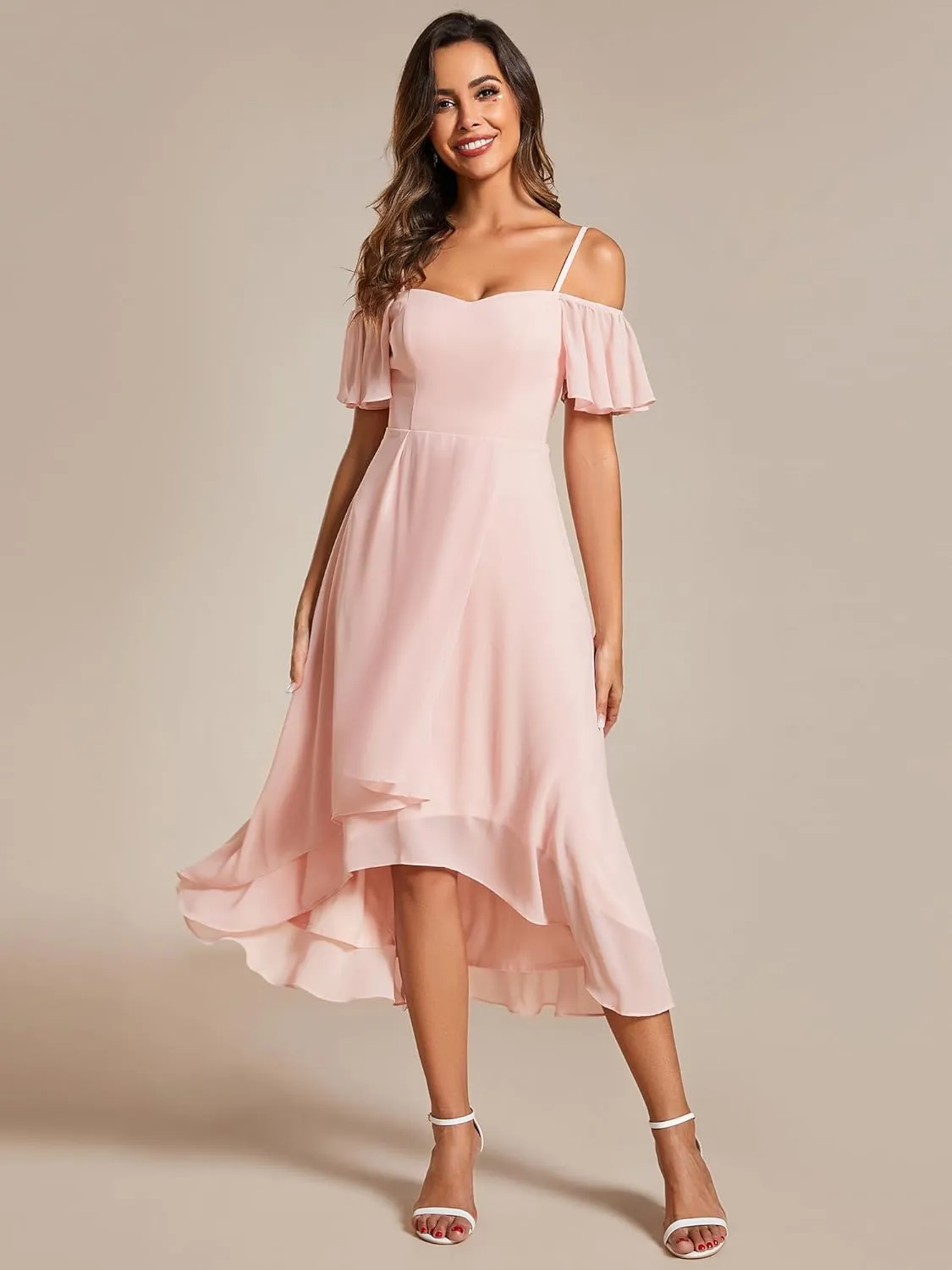 Ever-Pretty Women's Summer Cold Shoulder Hi-Lo Asymmetrical Hem Flowy Chiffon Short Wedding Guest Dress 02103