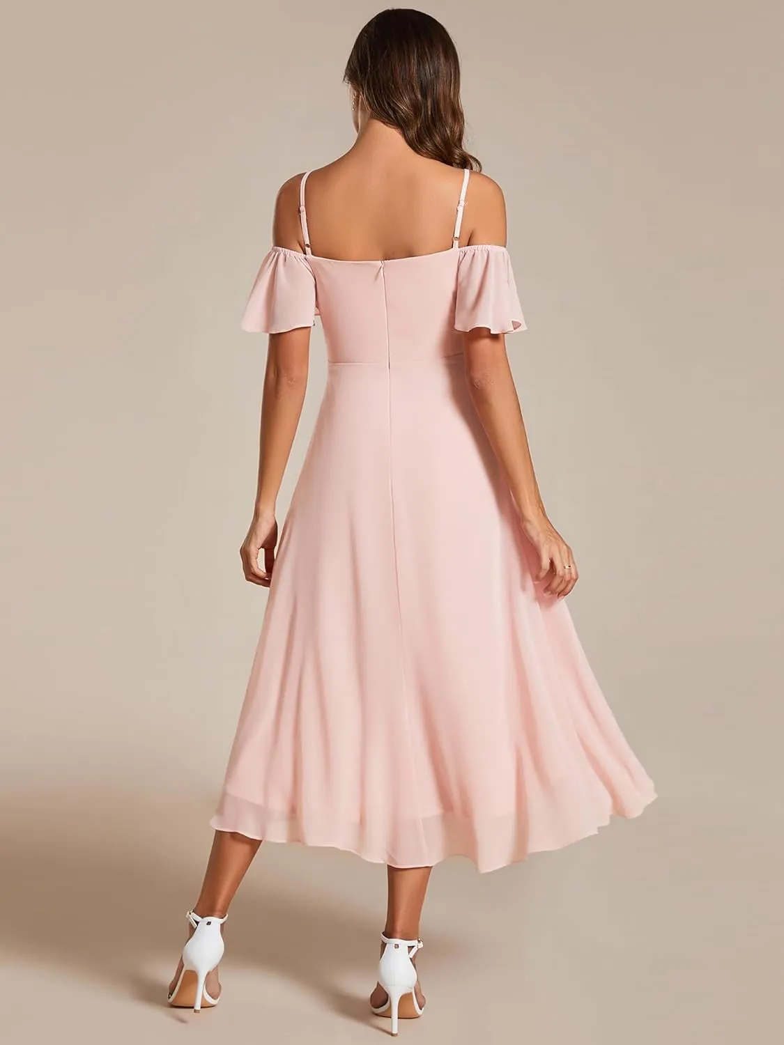 Ever-Pretty Women's Summer Cold Shoulder Hi-Lo Asymmetrical Hem Flowy Chiffon Short Wedding Guest Dress 02103