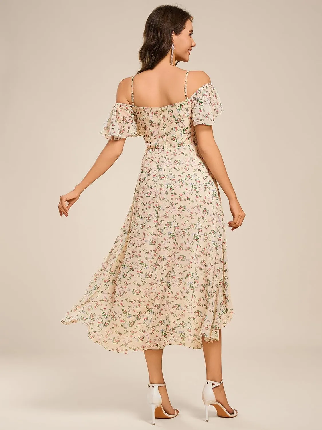 Ever-Pretty Women's Summer Cold Shoulder Hi-Lo Asymmetrical Hem Flowy Chiffon Short Wedding Guest Dress 02103
