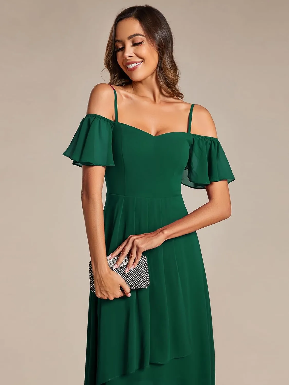 Ever-Pretty Women's Summer Cold Shoulder Hi-Lo Asymmetrical Hem Flowy Chiffon Short Wedding Guest Dress 02103