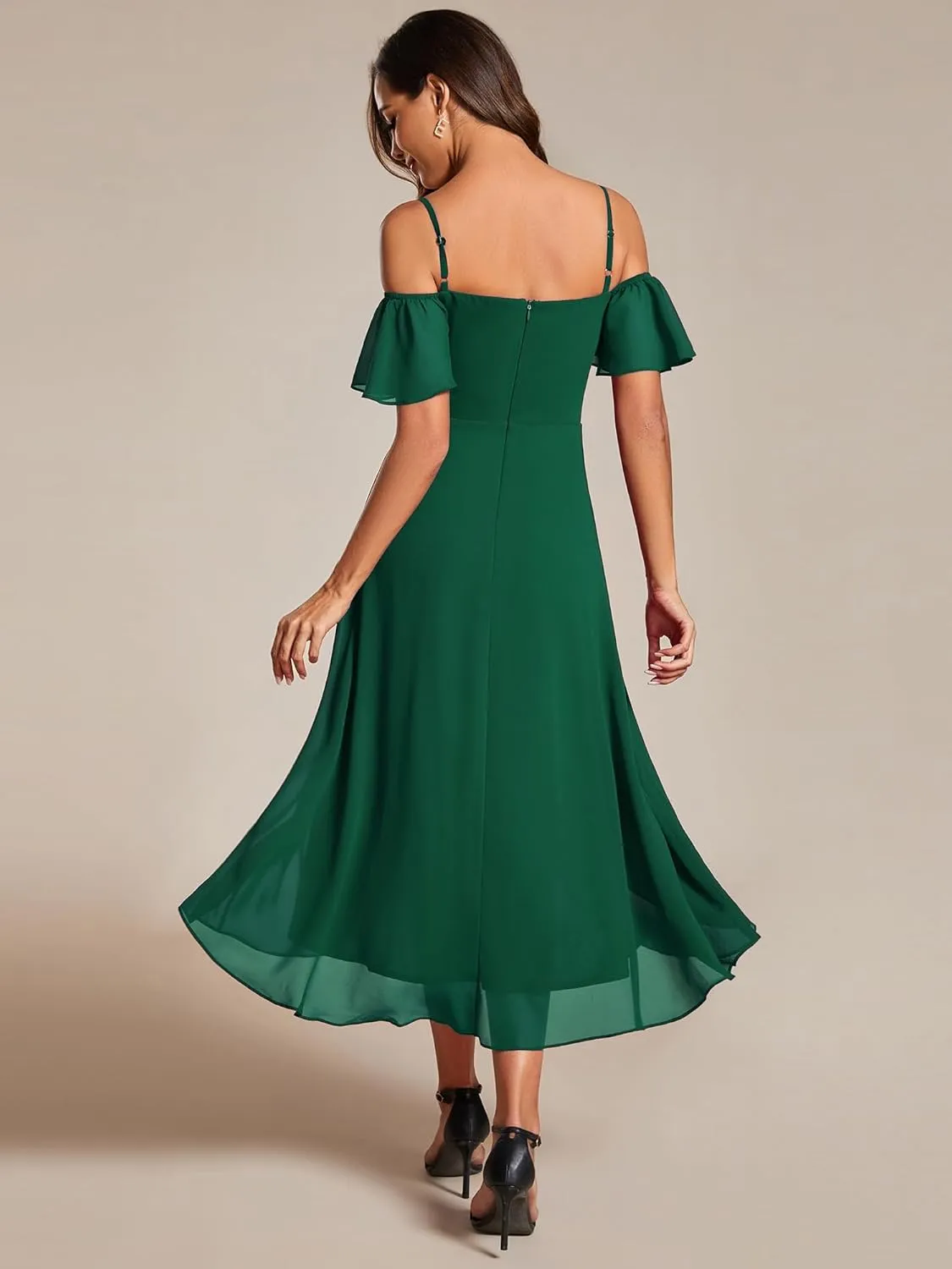 Ever-Pretty Women's Summer Cold Shoulder Hi-Lo Asymmetrical Hem Flowy Chiffon Short Wedding Guest Dress 02103