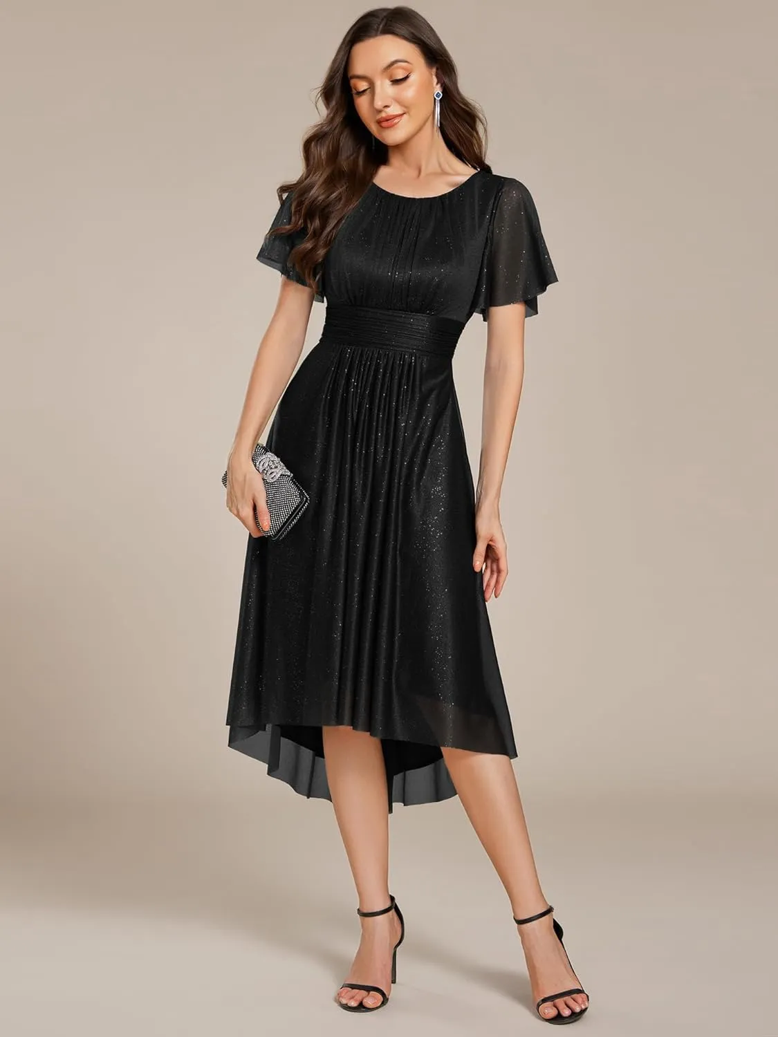 Ever-Pretty Women's Summer Glitter Crew Neck Hi-Lo High Waist Short Wedding Guest Dress 55159