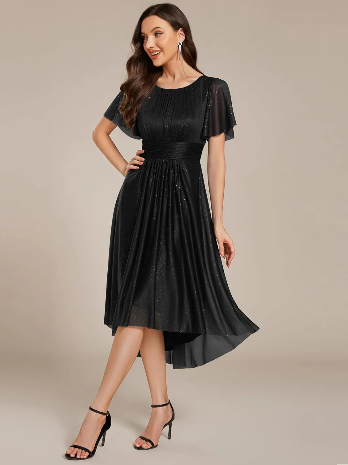 Ever-Pretty Women's Summer Glitter Crew Neck Hi-Lo High Waist Short Wedding Guest Dress 55159