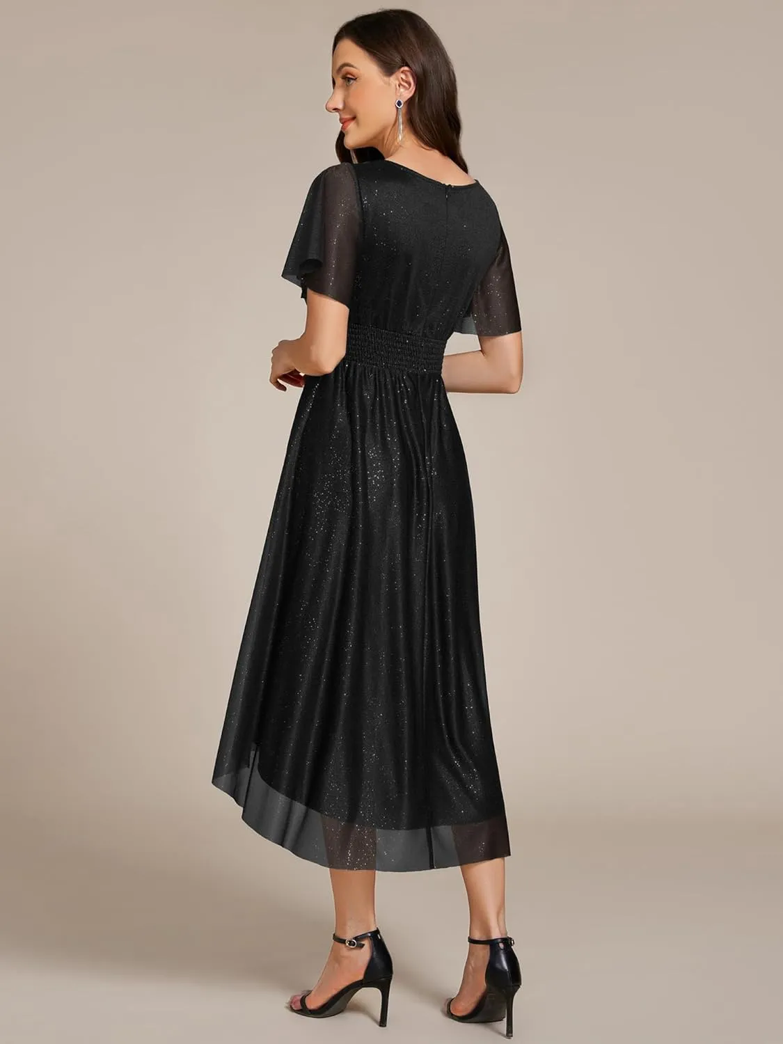 Ever-Pretty Women's Summer Glitter Crew Neck Hi-Lo High Waist Short Wedding Guest Dress 55159
