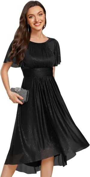 Ever-Pretty Women's Summer Glitter Crew Neck Hi-Lo High Waist Short Wedding Guest Dress 55159
