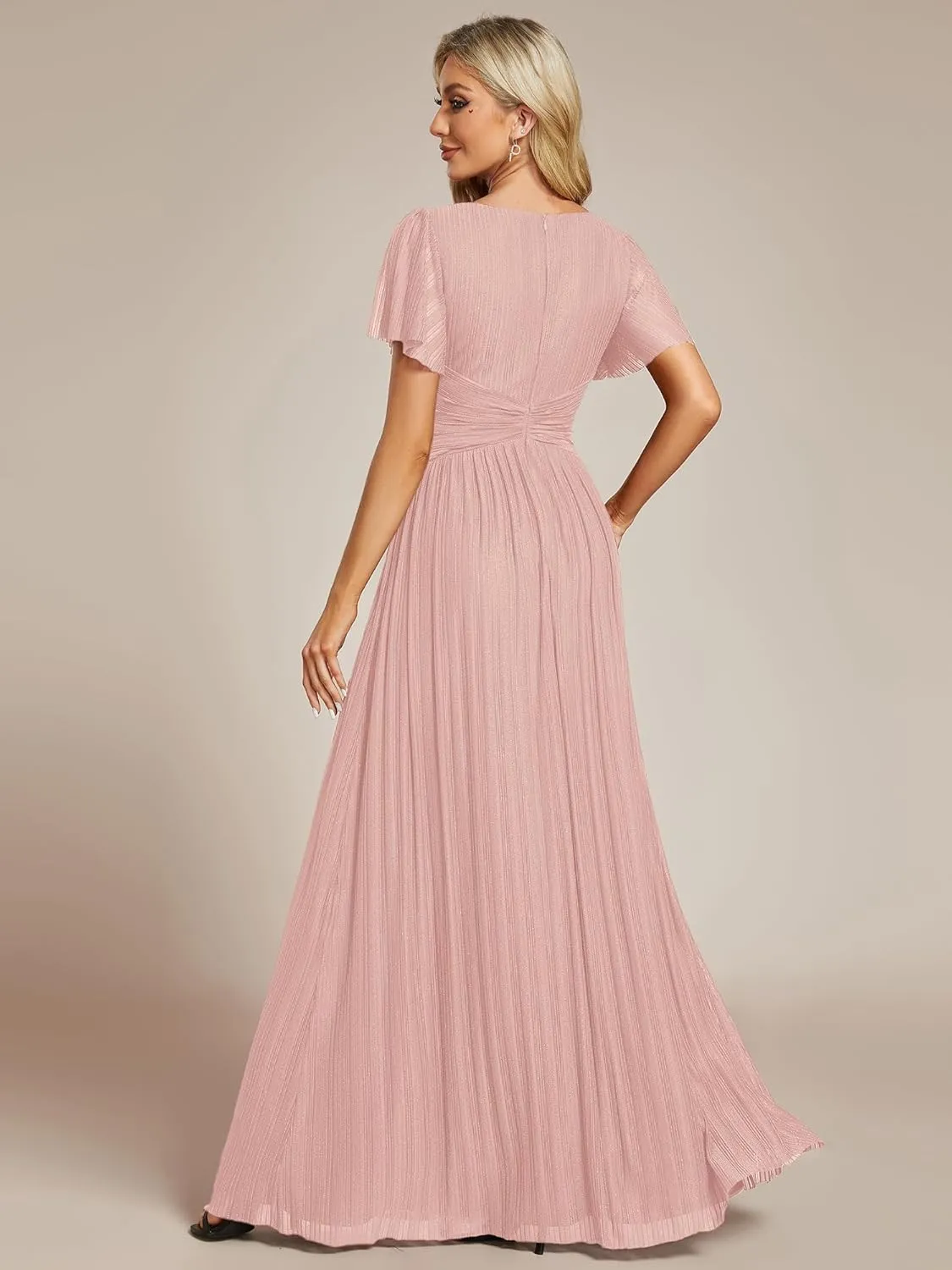Ever-Pretty Women's Summer Wedding Guest Dress Glitter V Neck Pleated Short Sleeves Evening Mother Dresses 11961