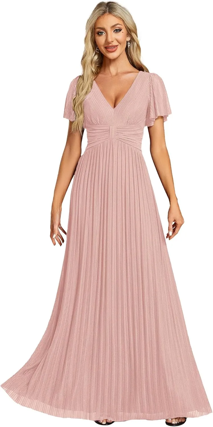 Ever-Pretty Women's Summer Wedding Guest Dress Glitter V Neck Pleated Short Sleeves Evening Mother Dresses 11961