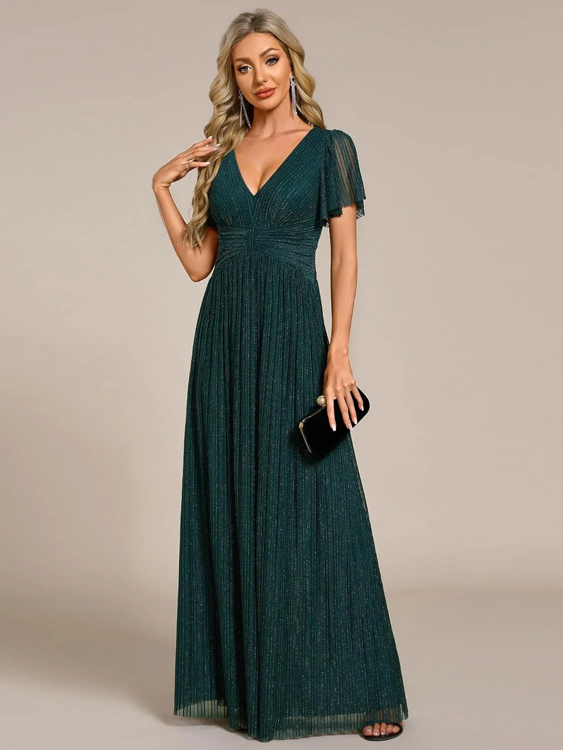Ever-Pretty Women's Summer Wedding Guest Dress Glitter V Neck Pleated Short Sleeves Evening Mother Dresses 11961