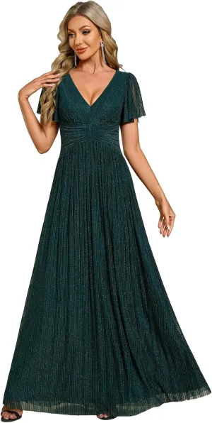 Ever-Pretty Women's Summer Wedding Guest Dress Glitter V Neck Pleated Short Sleeves Evening Mother Dresses 11961