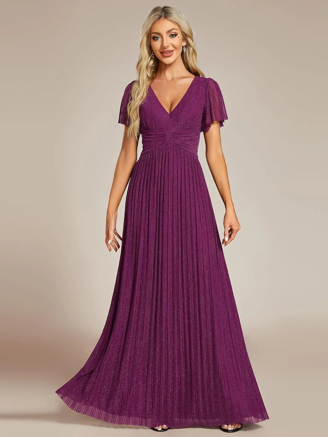 Ever-Pretty Women's Summer Wedding Guest Dress Glitter V Neck Pleated Short Sleeves Evening Mother Dresses 11961