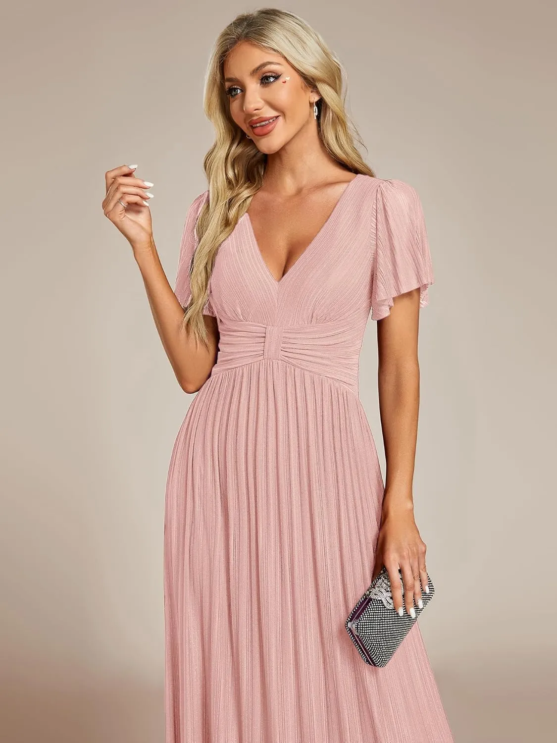 Ever-Pretty Women's Summer Wedding Guest Dress Glitter V Neck Pleated Short Sleeves Evening Mother Dresses 11961