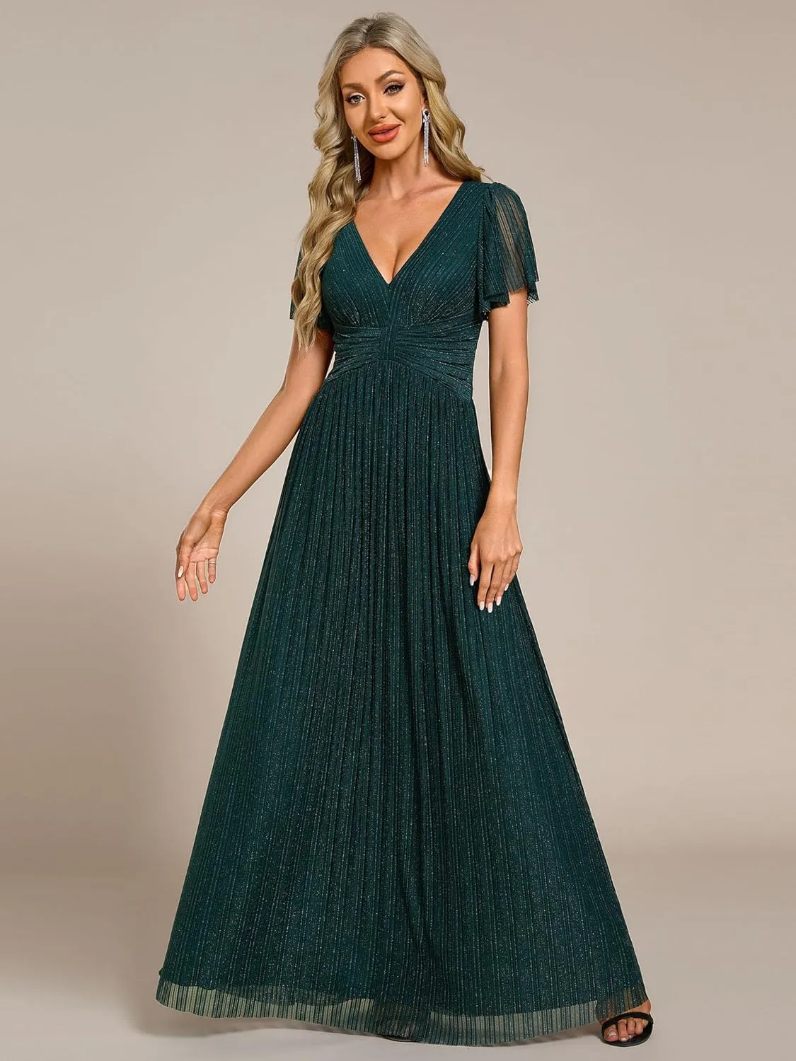 Ever-Pretty Women's Summer Wedding Guest Dress Glitter V Neck Pleated Short Sleeves Evening Mother Dresses 11961